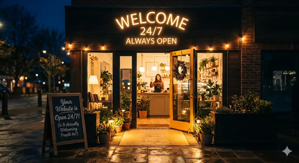 A cozy, warmly lit storefront at night, serving as a metaphor for an inviting website. A bright neon sign above the entrance reads "WELCOME 24/7 ALWAYS OPEN" in glowing orange text. Through the wide-open glass door, a friendly shopkeeper stands behind the counter, smiling and waving. The interior is filled with plants, books, and warm lighting, creating a comfortable atmosphere. On the wet pavement outside, a wooden A-frame chalkboard sign reads: "Your Website is Open 24/7! (Is It Actually Welcoming People In?)".