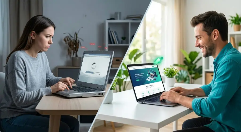 A split-screen illustration showing two contrasting user experiences: on the left, a frustrated woman sits in a dim room staring at a slow-loading laptop with a spinning loading wheel, while on the right, a happy man sits in a bright room smiling at a fast, fully loaded website on a modern laptop.